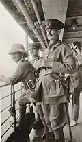 Colonel Holmes (Brigadier), Colonel Watson (O.C. Infantry), and Colonel Paton, with Captain Goodsall scanning the hills for wireless station at Bita Paka, 1914, F. S. Burnell