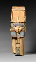 Column with Hathor-emblem capital and names of Nectanebo I on the shaft; 380–362 BC; limestone; height: 102&nbsp;cm, width: 34.3&nbsp;cm; Metropolitan Museum of Art