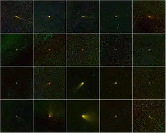 Mosaic of 20 comets discovered by the WISE space telescope