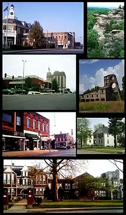 From top left: Northern side of square, Garden of the Gods, Saline County Courthouse and Clearwave Building, O'Gara mine tipple, southern side of square, Poplar Street homes, Harrisburg Township High School