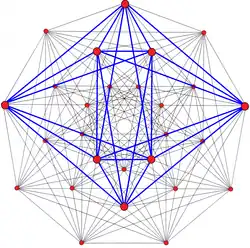 3{3}3{3}3, or , has 27 vertices, 72 3-edges, and 27 faces, with one face highlighted blue.[26]