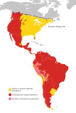 Distribution of cougars; yellow indicates former range. The lower 48 US states fall into the native range.