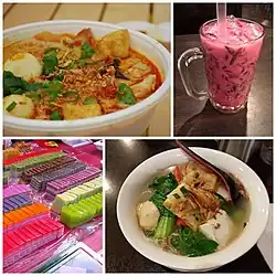 Image 27Some of the examples of ethnic Chinese influenced Malaysian cuisine, clockwise from top-right: grass jelly (凉粉) with Bandung (玫瑰露加奶), yong tau foo (酿豆腐), Nyonya steamed layer cake (娘惹千层糕) and laksa noodle (叻沙). (from Malaysian Chinese)