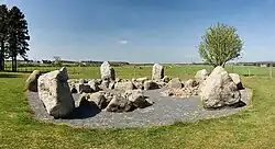 Eight equidistant large stones arranged in a circle. Inside are several smaller stone circles.