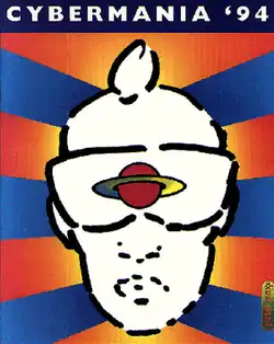 A drawing featuring the outlines of a human head wearing goggles. The goggles depict a red planet with yellow-blue rings. Alternating bars of blue and yellow make up the background.