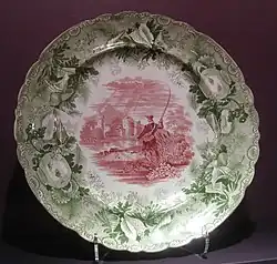 Plate using two transfers, puce and green, c. 1830, Enoch Wood & Co.