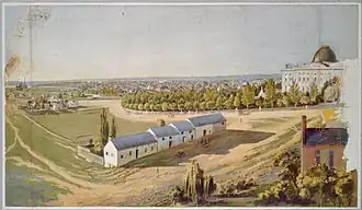 Image 31Portrait of the Mall and vicinity looking northwest from southeast of the U.S. Capitol, circa 1846–1855, showing stables in the foreground, the Washington City Canal behind them, the Capitol on the right and the Smithsonian "Castle", the Washington Monument and the Potomac River in the distant left. (from National Mall)