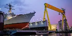 Jack H. Lucas sits in drydock at Huntington-Ingalls Shipbuilding prior to launch