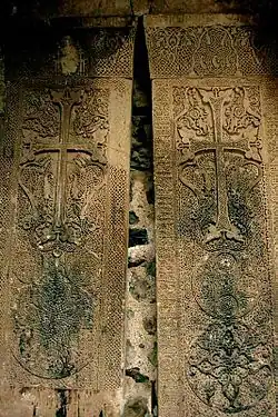 13th century Armenian-inscribed double khachkars of the Memorial Bell-Tower of the Dadivank Monastery