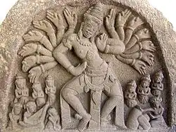 This 10th-century tympanum of the dancing Shiva is transitional between the Dong Duong and Khuong My styles.