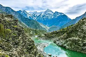 Indus River between Dasu and Komila, with Karakoram Highway in the middle