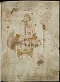 12th century A.D., Abbey of Saint Gall, Switzerland. David playing rotte, with musicians playing rotte, vielle and harp, and one scribe writing a manuscript. Instrument-names on following page: psalterium, rotta and cithara.