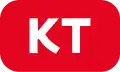 White KT letters on red background
