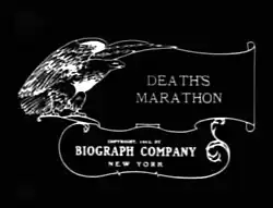 Black background with white lettering displaying "DEATH'S MARATHON" and "BIOGRAPH COMPANY NEW YORK"