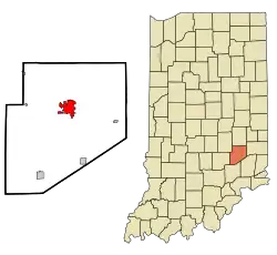 This picture shows the location of Greensburg within Decatur County and then the county's location within the state of Indiana.