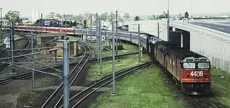 NSWR loco 44216 and another haul the northbound 'Brisbane Limited' across the Corinda line at Yeerongpilly, 1987
