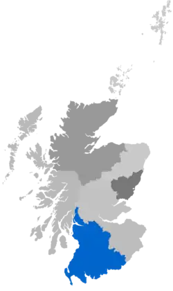 Map showing Glasgow Diocese as a coloured area around south-west Scotland