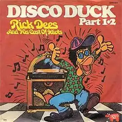 This is a low resolution image of the cover art for "The Original Disco Duck" album which contains the song "DISCO DUCK" by the artist Rick Dees. The cover art copyright is believed to belong to the label, RSO, or the graphic artist(s). This image is of a cover of an audio recording, and the copyright for it is most likely owned by either the publisher of the work or the artist(s) which produced the recording or cover artwork in question. It is believed that the use of low-resolution images of such covers solely to illustrate the audio recording in question, and on the English-language Wikipedia, hosted on servers in the United States by the non-profit Wikimedia Foundation, qualifies as fair use under the copyright law of the United States. Any other uses of this image, on Wikipedia or elsewhere, may be copyright infringement.