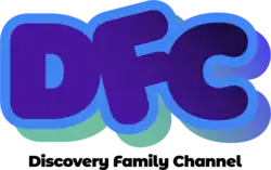 In purple, blue and green, the initials "DFC" in a bold balloon font with a drop shadow are rendered above black text reading "Discovery Family Channel".