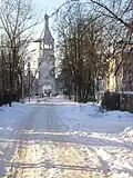 The bell tower from the side of Dobrynya street, an ancient street of medieval Novgorod