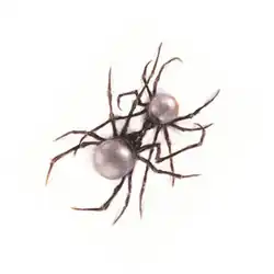 Two pearlescent spiders, the right one being smaller, mouths touching, against a white background.