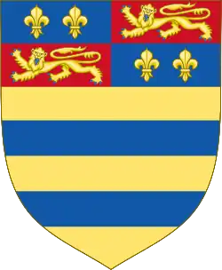 Blazon: Or, two bars Azure, a chief quarterly, 1st and 4th Azure, two Fleurs-de-Lys Or, 2nd and 3rd Gules, a lion passant guardant Or.