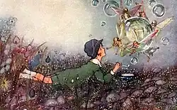 Watercolour illustration of a child lying in a flower field. He watches as fairies dance within the bubbles he has blown.