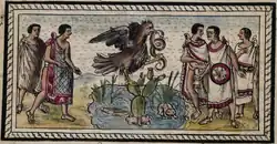 Native illustration of Diego Durán's history of ancient Mexico, showing the founding of Tenochtitlan