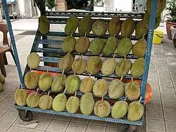 Image 81Durians in rack sold in Kuala Lumpur (from Malaysian cuisine)