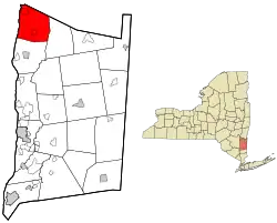Location of Red Hook in Dutchess County, New York (left) and of Dutchess County in New York state (right)