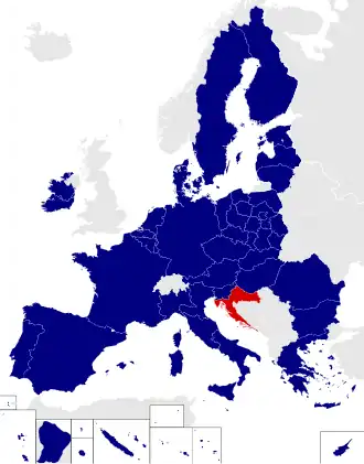 Map of the European Parliament constituencies with Croatia highlighted in red