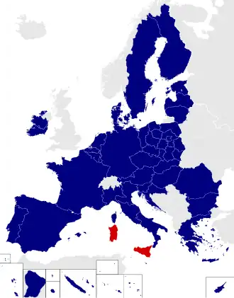 Map of the European Parliament constituencies with Italian Islands highlighted in red