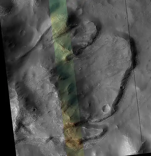 Landslide, as seen by HiRISE under HiWish program The colored strip is about 1&nbsp;km across.
