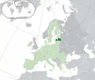 Location of&nbsp;Latvia&nbsp;(dark green) –&nbsp;in Europe&nbsp;(green &&nbsp;dark grey) –&nbsp;in the European Union&nbsp;(green)&nbsp; –&nbsp; [Legend]