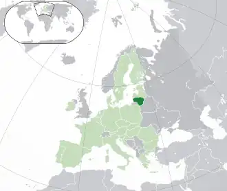 Location of&nbsp;Lithuania&nbsp;(dark green) –&nbsp;in Europe&nbsp;(green &&nbsp;dark grey) –&nbsp;in the European Union&nbsp;(green)&nbsp; –&nbsp; [Legend]