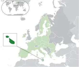 Location of&nbsp;Malta&nbsp;(green circle) –&nbsp;in Europe&nbsp;(light green &&nbsp;dark grey) –&nbsp;in the European Union&nbsp;(light green)&nbsp; –&nbsp; [Legend]