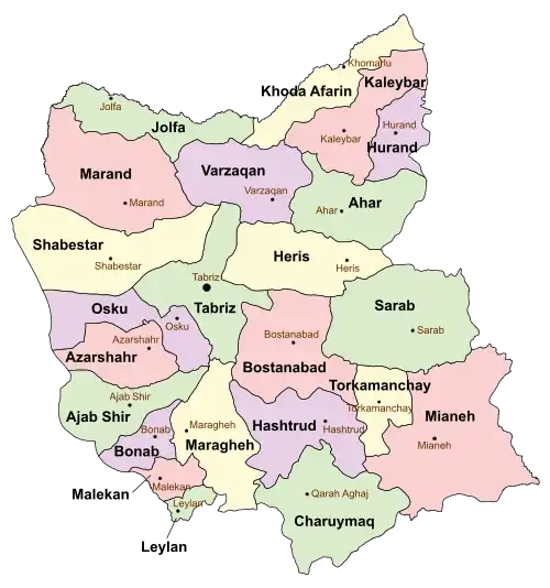 Location of Azarshahr County in&nbsp;East&nbsp;Azerbaijan&nbsp;province (center&nbsp;left,&nbsp;pink)