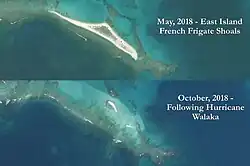 Before and after images of East Island showing that Hurricane Walaka's storm surge swept away most of the island and deposited the soil over coral reefs to the north