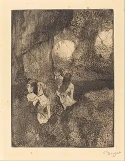 Edgar Degas, Dancers in the Wings (Danseuses dans la coulisse), c. 1877, etching, aquatint, and drypoint
