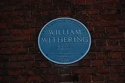 Plaque reads 'William Withering M.D., F.R.S. 1741-1799 Physician and Botanist lived here' and 'Birmingham Civic Society 1988'