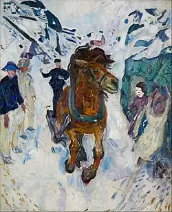 Galloping Horse, 1910–12, .mw-parser-output .frac{white-space:nowrap}.mw-parser-output .frac .num,.mw-parser-output .frac .den{font-size:80%;line-height:0;vertical-align:super}.mw-parser-output .frac .den{vertical-align:sub}.mw-parser-output .sr-only{border:0;clip:rect(0,0,0,0);clip-path:polygon(0px 0px,0px 0px,0px 0px);height:1px;margin:-1px;overflow:hidden;padding:0;position:absolute;width:1px}148&nbsp;cm ×&nbsp;120&nbsp;cm (58+1⁄4&nbsp;in ×&nbsp;47+1⁄4&nbsp;in), Munch Museum, Oslo