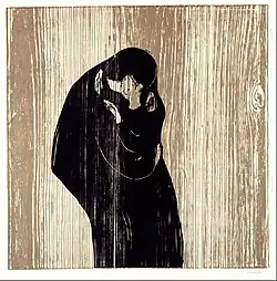 Kiss IV, 1902, woodcut print on wood, .mw-parser-output .frac{white-space:nowrap}.mw-parser-output .frac .num,.mw-parser-output .frac .den{font-size:80%;line-height:0;vertical-align:super}.mw-parser-output .frac .den{vertical-align:sub}.mw-parser-output .sr-only{border:0;clip:rect(0,0,0,0);clip-path:polygon(0px 0px,0px 0px,0px 0px);height:1px;margin:-1px;overflow:hidden;padding:0;position:absolute;width:1px}47&nbsp;cm ×&nbsp;47&nbsp;cm (18+1⁄2&nbsp;in ×&nbsp;18+1⁄2&nbsp;in), Munch Museum, Oslo