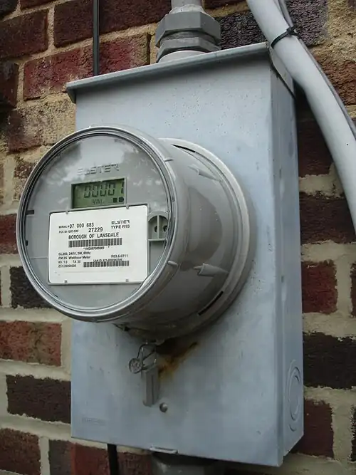 Newer retrofitted U.S. domestic digital electricity meter Elster REX[119] with 900&nbsp;MHz[120] mesh network topology for automatic meter reading and "EnergyAxis" time-of-use metering[121][122][123]