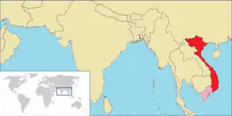 The Empire of Vietnam under Japanese administration &nbsp;&nbsp;&nbsp;&nbsp;&nbsp;Red: Vietnam (1945) &nbsp;&nbsp;&nbsp;&nbsp;&nbsp;Pink: under direct control of Empire of Japan.