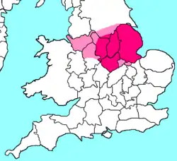 Areas typically included in the North Midlands are highlighted in pink. Counties sometimes included in the North Midlands are highlighted in light pink.