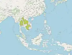 Distribution map of Epalzeorhynchos frenatum according to IUCN (2025) with range in green over a geographical map of Asia