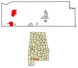 Location of Atmore in Escambia County, Alabama