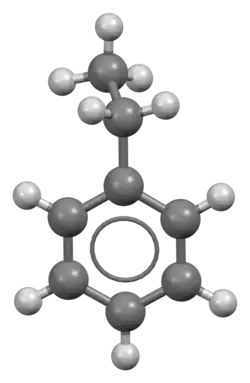 Ball-and-stick model of the ethylbenzene molecule