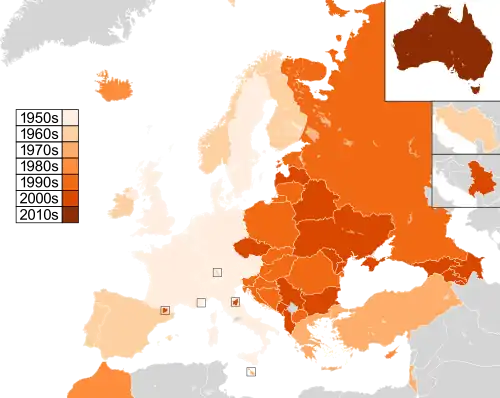 Map of countries in Europe, North Africa and Western Asia, with Australia as an insert in the top-right corner, coloured to indicate the decade in which they first participated in the contest