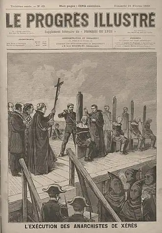 Execution in Jerez of seven anarchists accused of belonging to La Mano Negra, 1884 (illustration from a French magazine of 1892).